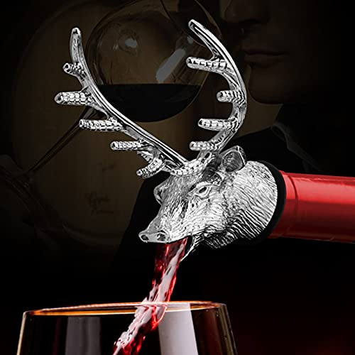 Wine Aerator Pourer Spout Bottle Pourers for Alcohol Stainless Steel Deer Stag Head Wine Pourer Stags with Food Grade Silicone Stopper for White Red Wines Whiskey Gift for Father (Silver White)