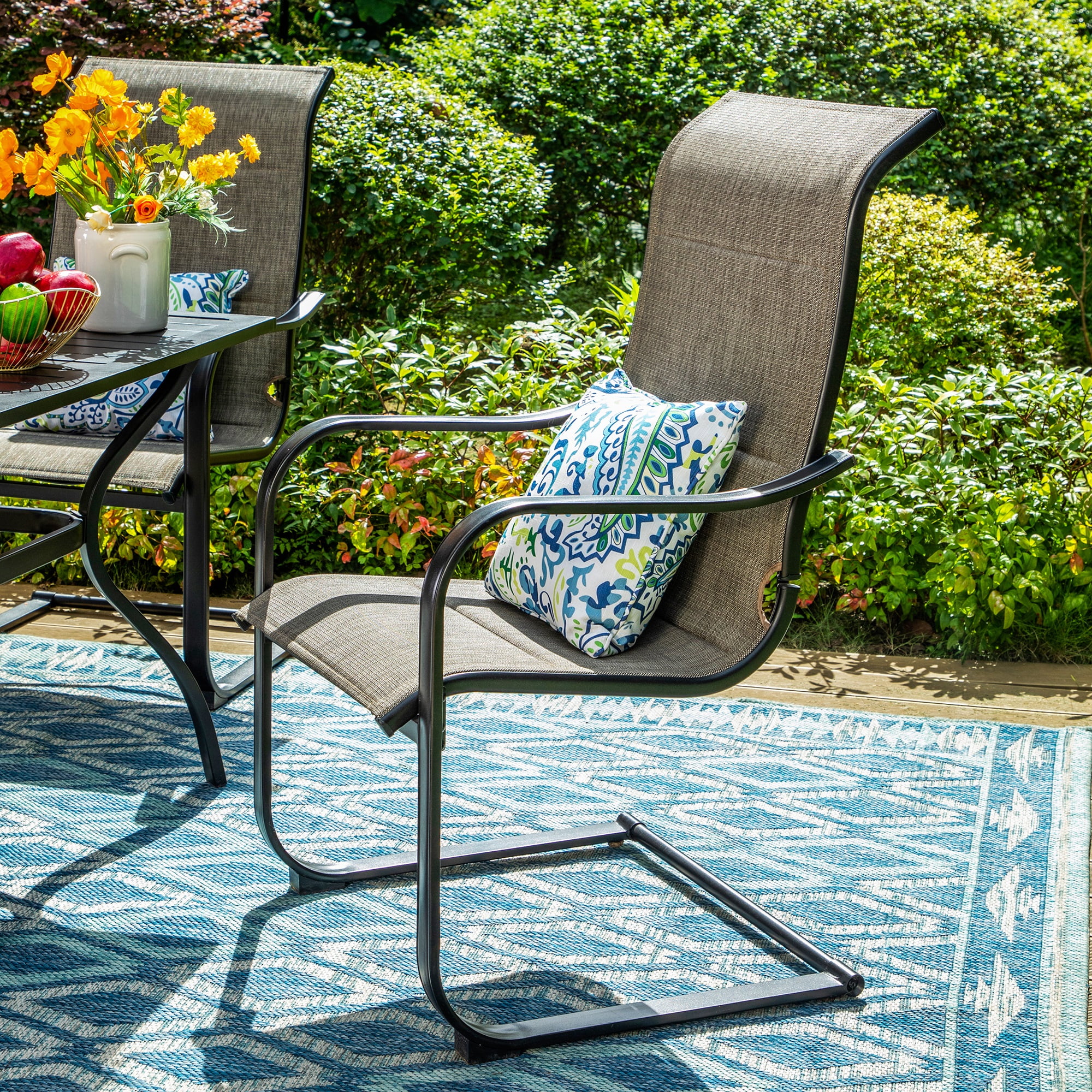 MF Studio 5 Pieces Outdoor Patio Dining Set with 4 C Spring Textilene Chairs and 1 Metal Square Dining Table,Black&Gray