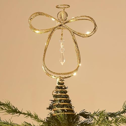 Valery Madelyn Lighted Christmas Tree Topper Angel with Timer, 10 Inch Pre-Lit Gold Metal Small Angel Tree Topper with Lights for Christmas Tree Decoration Indoor, Battery Operated, Valentines Gifts