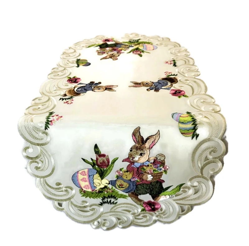 Doily Boutique Easter Table Runner with Easter Bunny and Eggs on Ivory Fabric Size 34 x 15 inches