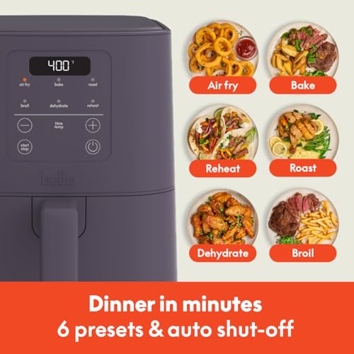 bella 4Qt Slim Air Fryer, Fits-anywhere™ Kitchenware, EverGood™ Ceramic Nonstick Coating, Adjustable Temperature, 6 Preset Cooking Options, 60 Min Auto Shutoff w Audible Tone, 3.3lb Capacity, Oatmilk