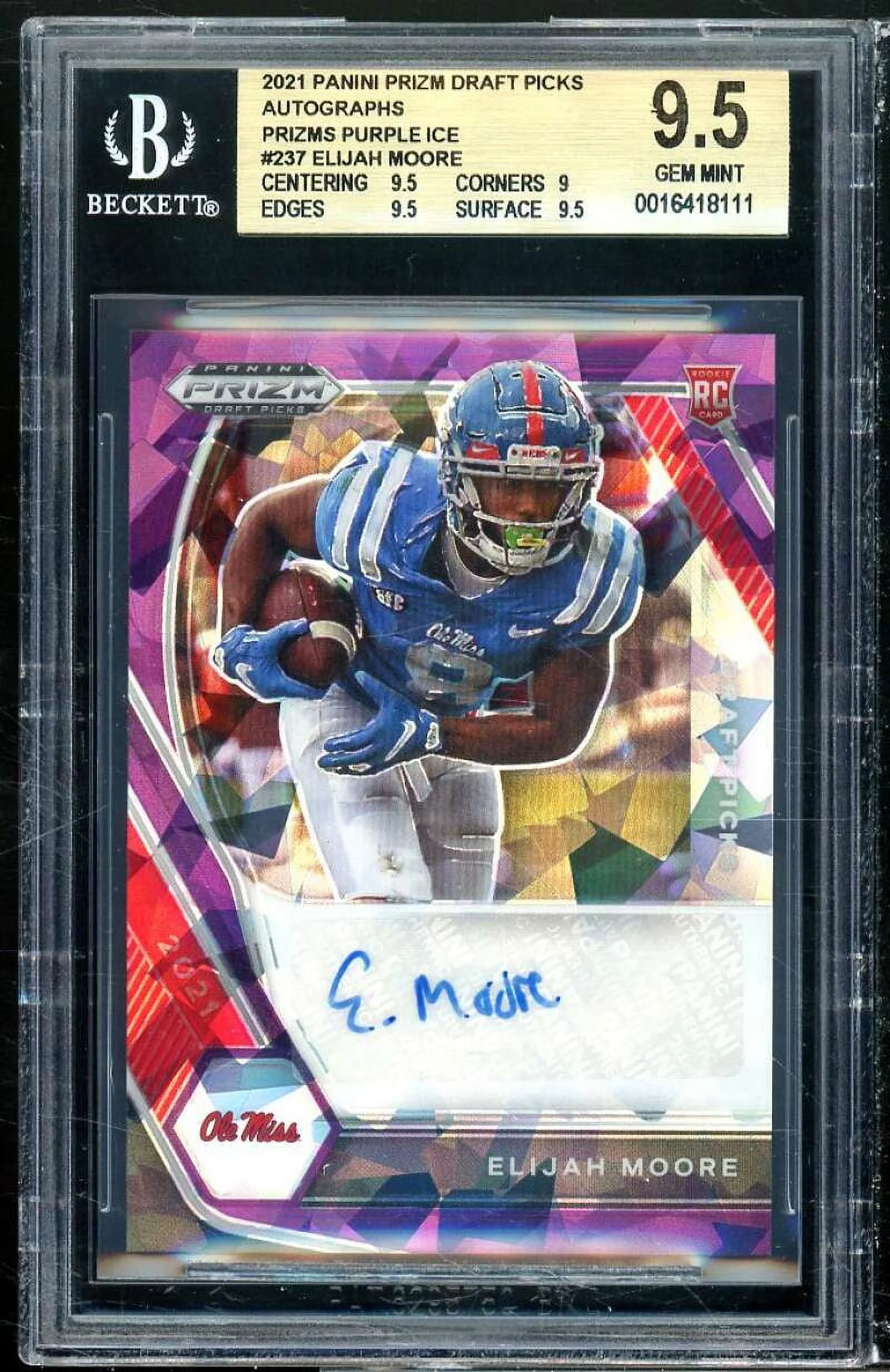 Elijah Moore Rookie Card 2021 Panini Prizm DP Autographs Purple Ice #237 BGS 9.5