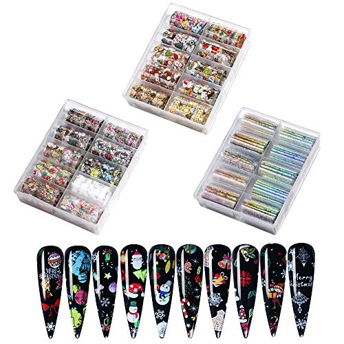 3 Boxes Christmas Nail Art Foil Transfer Stickers, Kalolary Christmas Nail Foil Transfer Wraps Snowflake Santa Nail Decals Adhesive Glitters Acrylic DIY Xmas Nail Decoration, 30 Rolls