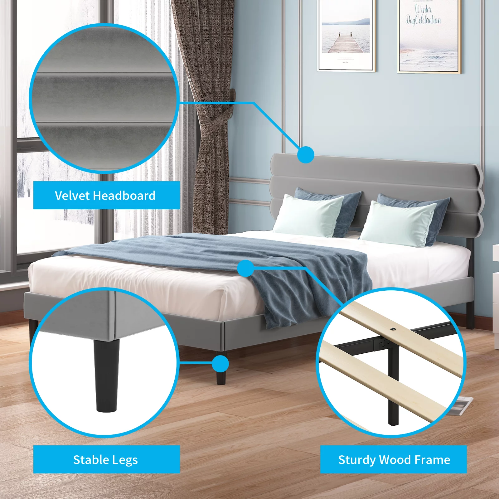 Mjkone Modern Full Size Platform Bed Frame with Adjustable Upholstered Headboard,Wood/Metal Frame, Light Gray Velvet Fabric