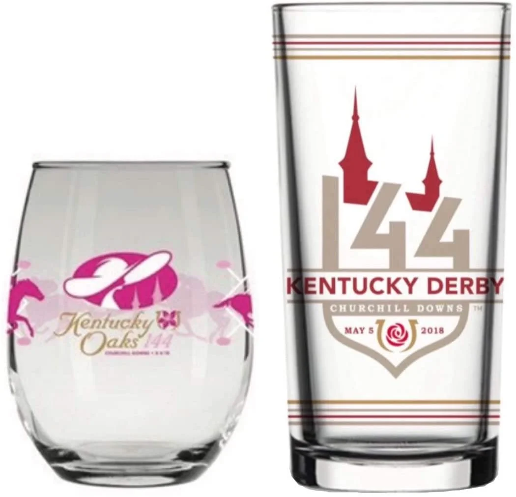 144th Kentucky Derby Mint Julep Glass & Kentucky Oaks Lily Wine Glass Set, Year 2018