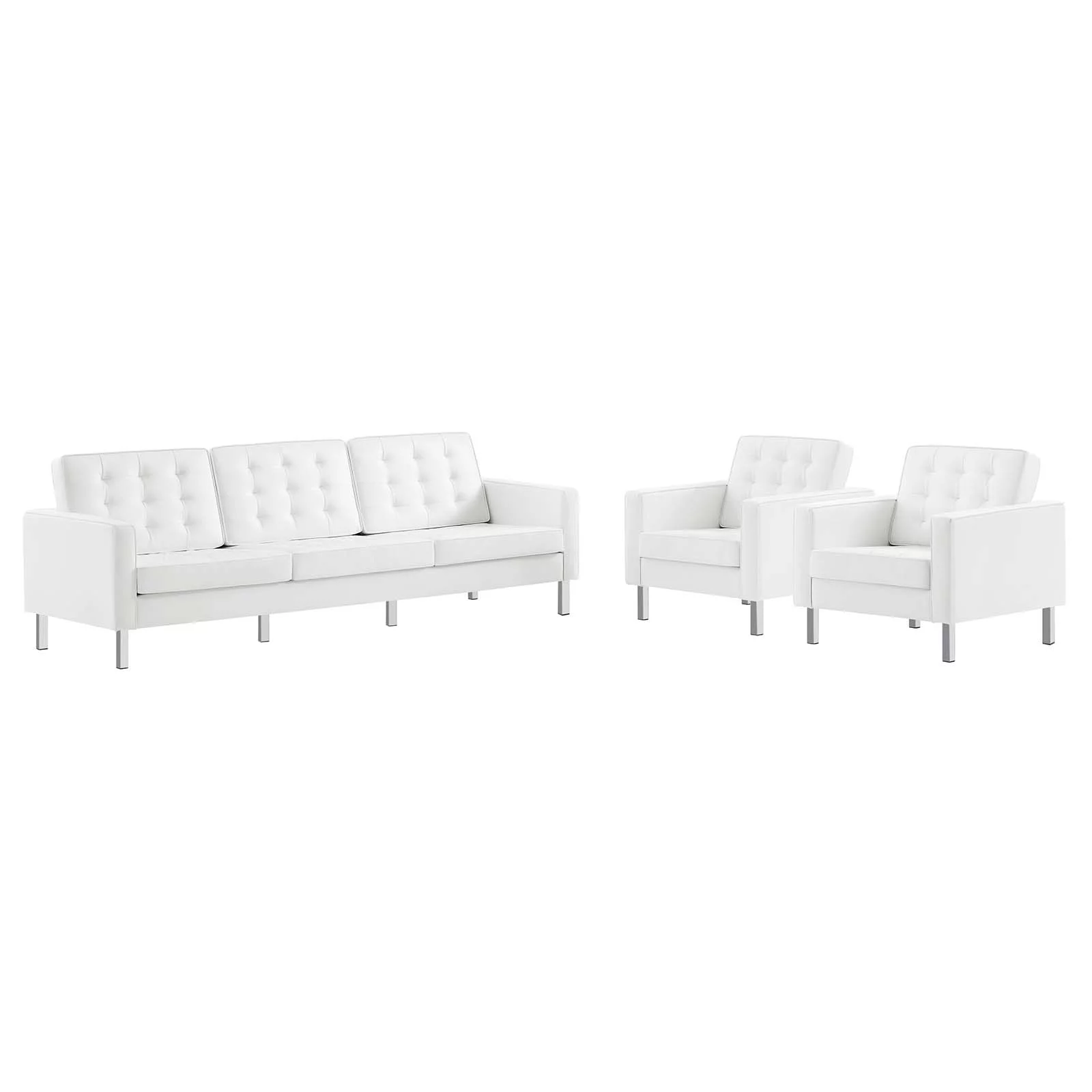 Modway Loft Tufted Vegan Leather Upholstered 3-Piece Living Room Furniture Set in Silver White
