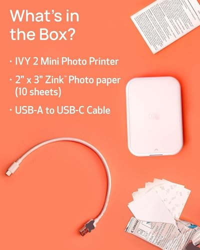 Canon Ivy 2 Mini Photo Printer (Pure White) - Bluetooth, Print from iOS & Android Devices, Bundle Incl. 110 Zink Sticky-Back Prints, LED Light Bar, Protective Case, and USB Cable
