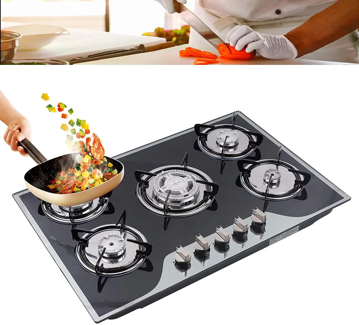 5 Burners Built-in Gas Hobs Kitchen Cooker Stove Cooktop LPG/NG Tempered Glass 30