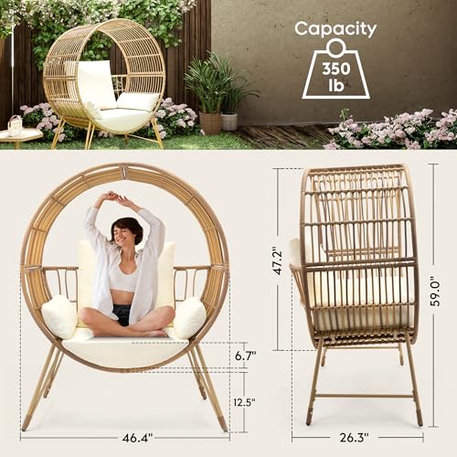 Brafab Outdoor Egg Chair, Oversized Wicker Patio Chairs with 6.69'' Cushions, 350LBS Capacity, Indoor Round Rattan Nest Chair with Stand, Easy Assembly Boho Chair for Living Room, Porch, Backyard