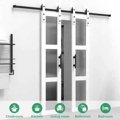 32 x 84 Inch Glass Sliding Barn Door Slab and 5.5ft Hardware Kit Included, 5 Frosted Glass, LVL Wood Panel Covered with White Water-Proof Scratch-Resistant PVC Surface, Simple DIY Assembly