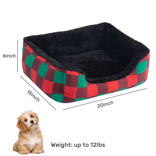 Hollypet Printed Flannel Rectangle Plush Dog Cat Bed Self-Warming Pet Bed, Christmas Red and Green Check