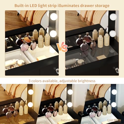 VOWNER Vanity with Lighted Mirror - Makeup Vanity Desk with Glass Top and 11 Drawers, 3 Color Lighting Modes Adjustable Brightness, 46