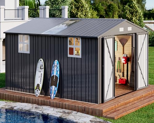 AMERLIFE 10.1x11.5x7.4 FT Galvanized Steel Storage Shed with Skylight Panels, 2 4-Pane Windows & Hinged Double Doors, Outdoor Shed for Backyard, Garden, Patio, Dark Grey