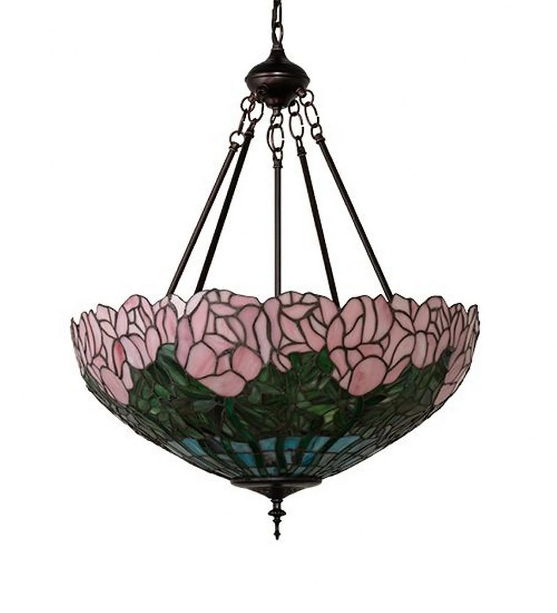Meyda Tiffany 231156 22 Inch Wide Cabbage Rose Inverted Pendant   Mahogany Bronze Finish with Pink/Green Glass
