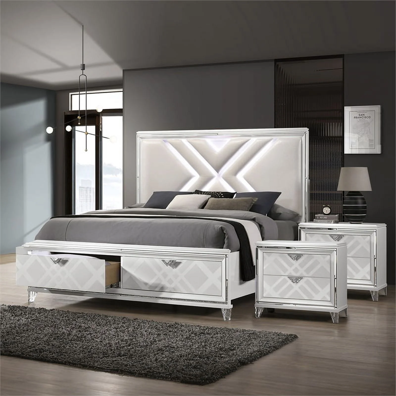 Pemberly Row 3-Piece White Solid Wood Bedroom Set - King + 2 Nightstands