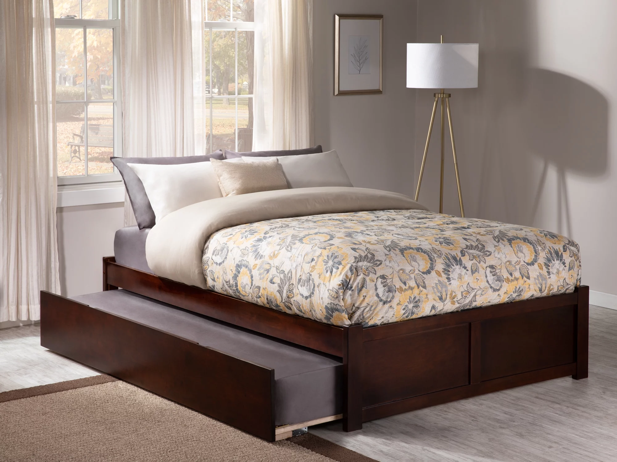 AFI Concord King Solid Wood Platform Bed with Footboard and Twin XL Trundle in Walnut