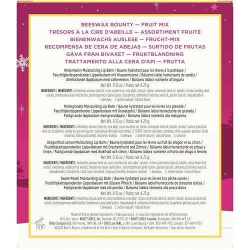 Burt's Bees Christmas Gifts, 4 Lip Balms Stocking Stuffers Products, Beeswax Bounty Fruit Mix - Watermelon, Pomegranate, Dragonfruit Lemon & Sweet Peach (4-Pack)