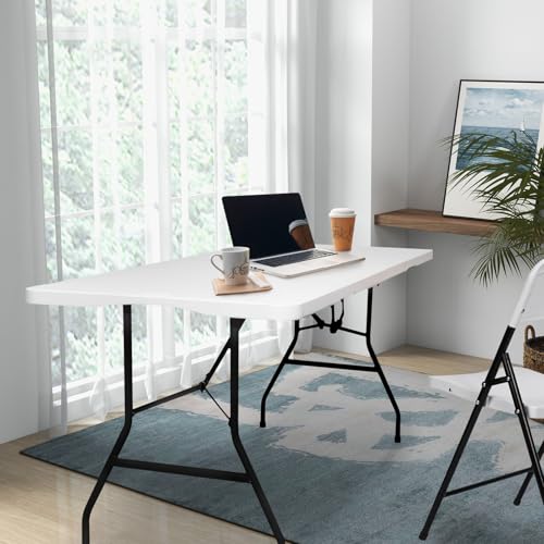 Folding Table 6FT HDPE 6 Foot Foldable Table Portable Banquet Surface Fold-in-Half Desk Utility for Working Meeting Parties, Picnic, Camping, Weddings, Catering, Garden Dining-White