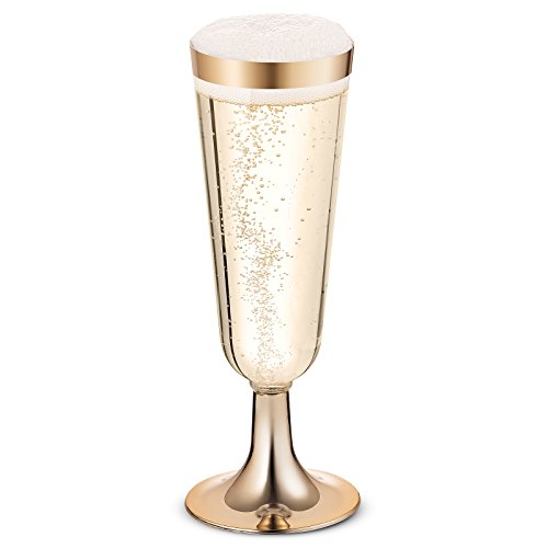 BloominGoods 50 Plastic Gold Rimmed Champagne Flutes | 5.5 oz. Clear Hard Disposable Party & Wedding Glass | Premium Heavy Duty Fancy Cup (50-Pack)