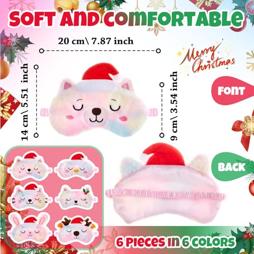 Geyoga 6 Pieces Christmas Sleeping Mask for Kids Girls Eye Mask Cute Reindeer Penguin Bear Animal Soft Plush Blindfold Eye Cover Shade for Toddler and Adult Xmas Party Gifts(Rainbow)