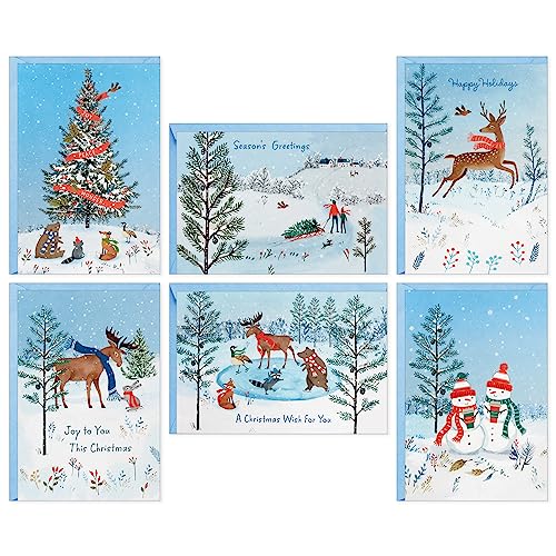 Hallmark Rustic Woodland Boxed Christmas Card Assortment (24 Cards and Envelopes) Moose, Deer, Raccoons, Snowmen, Geese, Foxes