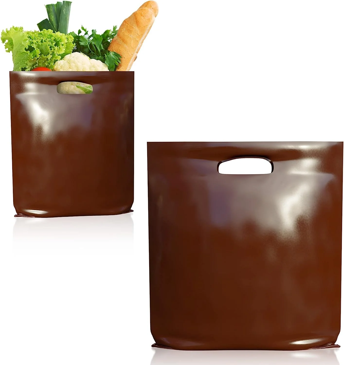 Pack of 1000 Brown Shopping Bags with Die Cut Handle 15 x 15 Thickness 25 micron. High Density Polyethylene Bags 15x15 Lightweight Retail Plastic Bags. Polyethylene Poly Bags with Die-Cut Handles.
