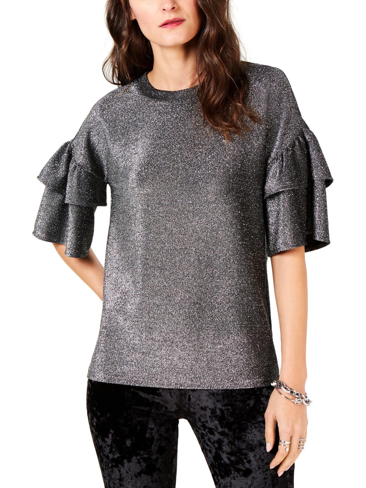 Michael Kors Womens Sparkle Ruffled Blouse, Grey, Large