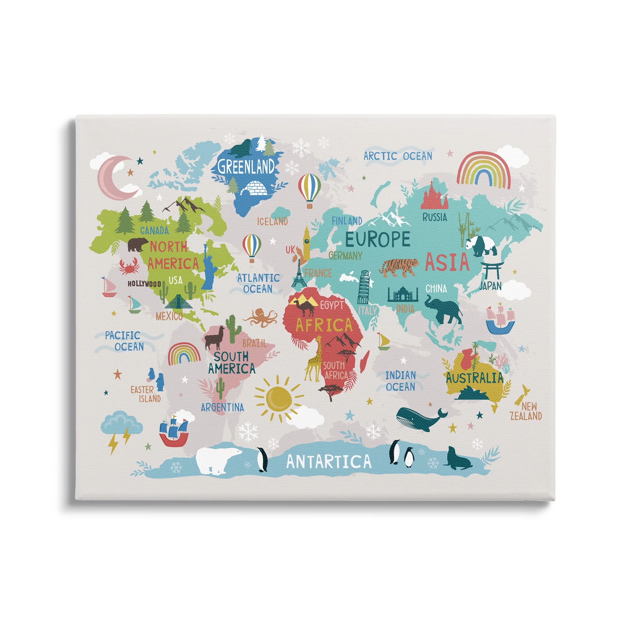 Stupell Industries Landmarks & Wildlife Illustration World Map Diagram Chart Canvas Wall Art, 40 x 30, Design by Lisa Perry Whitebutton