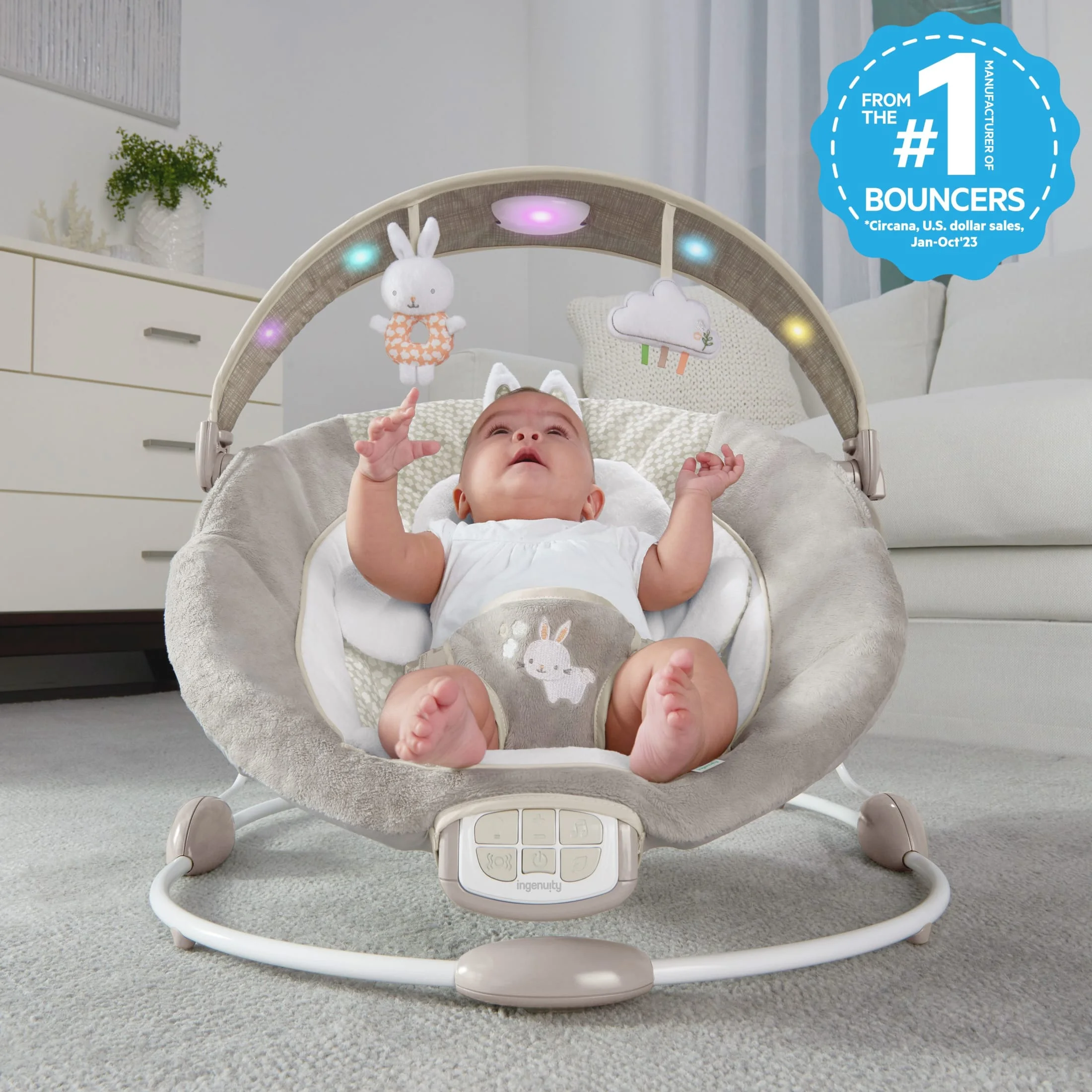 InLighten by Ingenuity Twinkle Tails Vibrating Infant Baby Bouncer with Lightning Toy Bar and Pillow