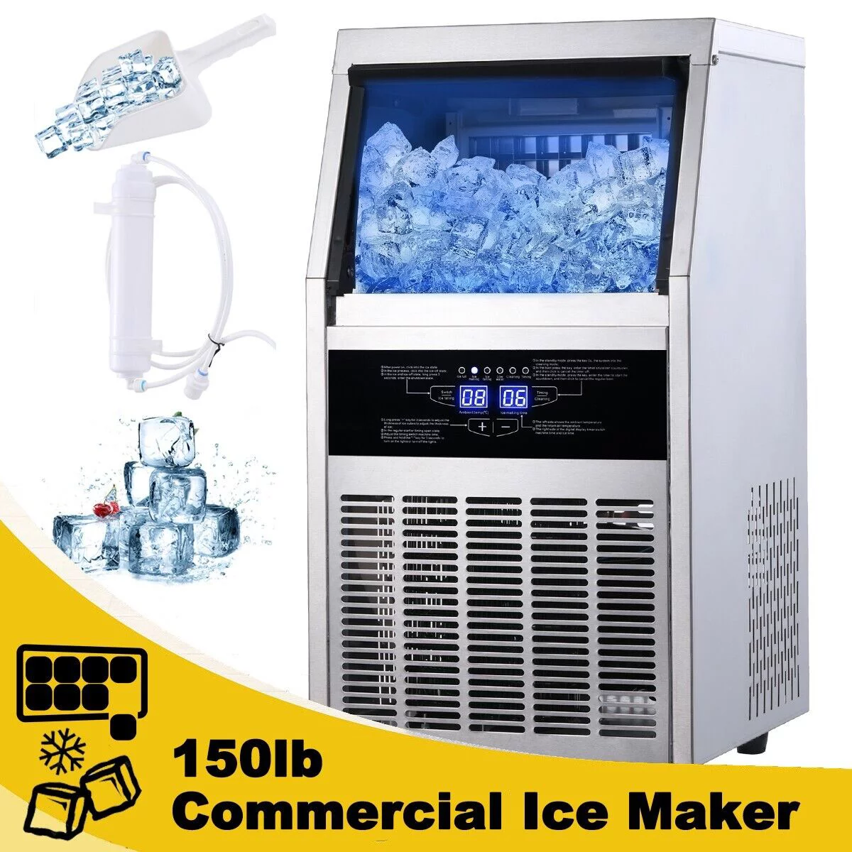 Commercial Ice Maker 150lb Stainless Steel Bar Restaurant Built-in Cube Machine
