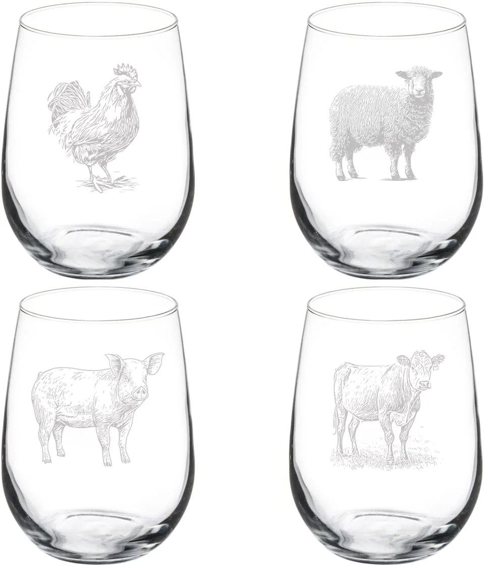 Set of 4 Wine Glass Gift Goblet Farm Animals Collection (17 oz Stemless)