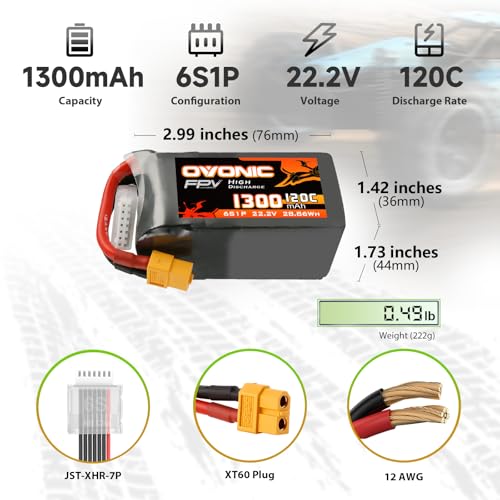 OVONIC 6s Lipo Battery 120C 1600mAh 22.2V Lipo Battery with XT60 Connector for RC FPV Racing Drone Quadcopter