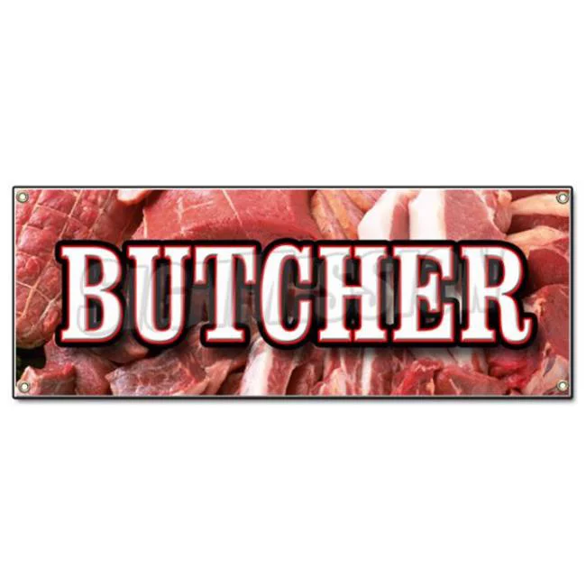 Butcher Banner Sign - Shop Meat Quality Usda Beef Pork Poultry Steak Roast Seafood