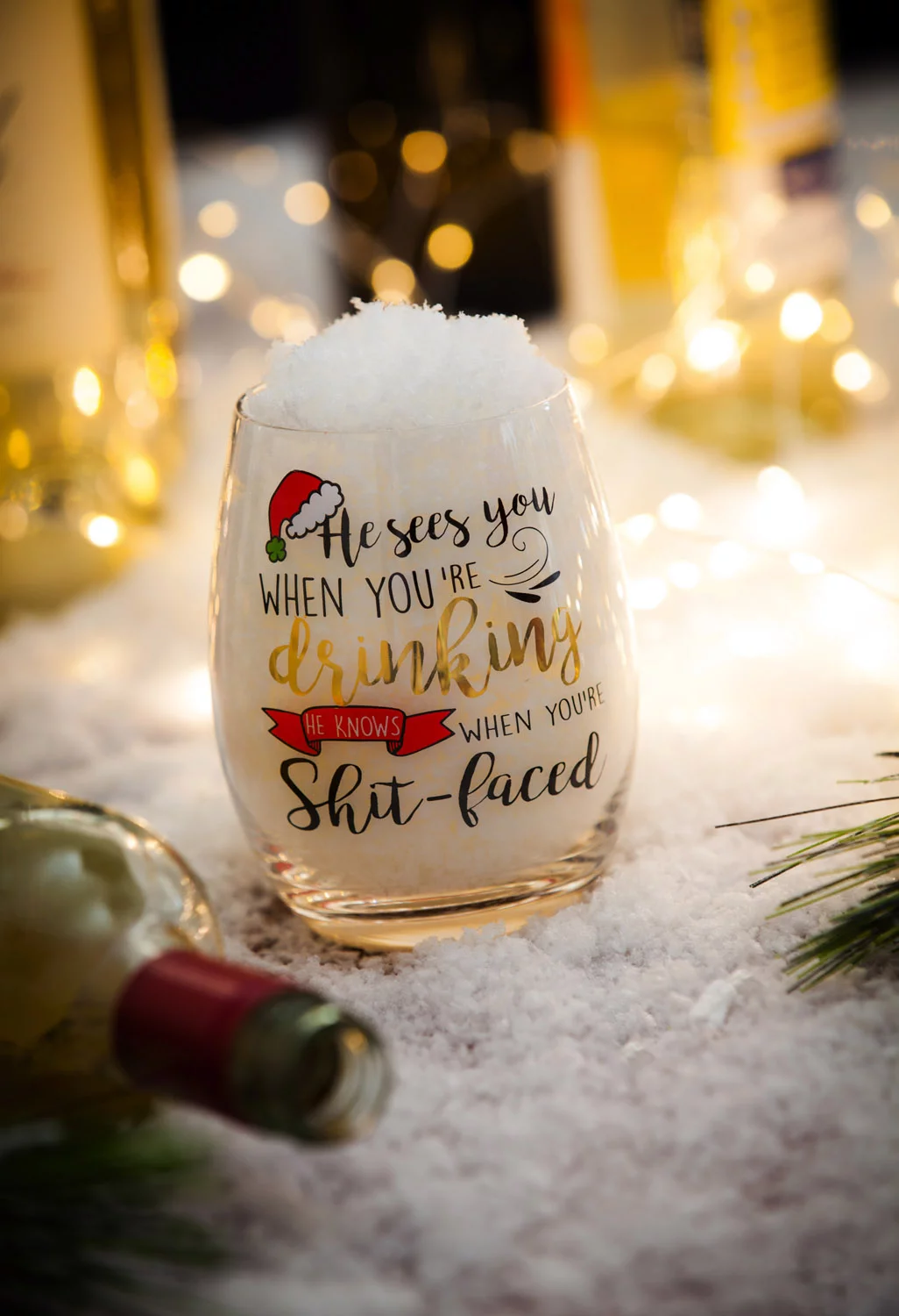 Evergreen Stemless Wine Glass w/metallic accents and box, He Sees You When You're Drinking...