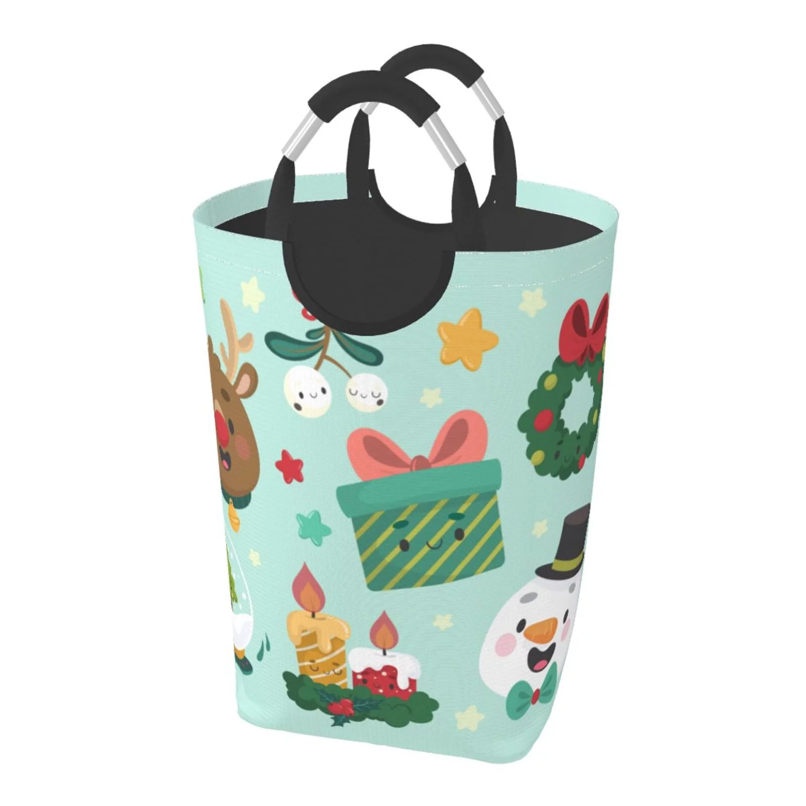 XMXT Collapsible Laundry Basket Hamper, Christmas Snowman Elk Cartoon Print Large Laundry Bag Clothes Hamper with Aluminum Handle, 50L