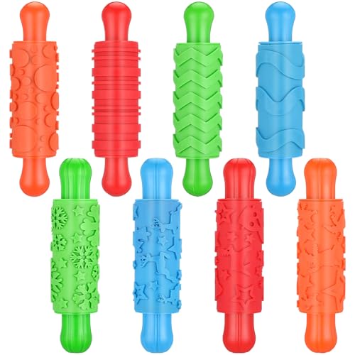 Aoriher 8 Pcs Play Dough Rollers for Kids Textured Rollers with Plastic Handles Play Dough Accessories Pattern Rolling Pins for DIY Art Signs Posters Craft Creations
