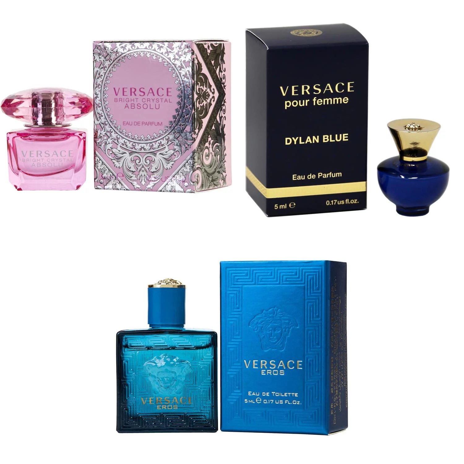 Versace Bright Crystal Absolu EDP, Dylan Blue Femme EDP, Eros Men EDT - 5ml 3PK Kit