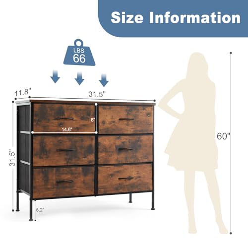 DUMOS TV Stand for Living Room Entertainment Center with 6 Fabric Drawers Dresser for Bedroom Storage Organizers Units, Brown