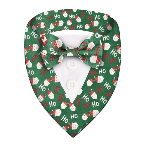 Adjustable Green Plaid Christmas Dog Tuxedo Bandana with Bow Tie - Holiday Pet Outfit Costume for Dogs XS to XL