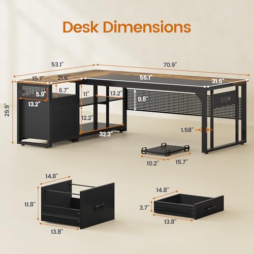 71 in Executive Desk with Power Outlets, Reversible L Shaped Desk with File Drawers & Storage Shelves, Large Office Desk Computer Desk with Pegboard, Mobile CPU Stand, Modern Corner Desk