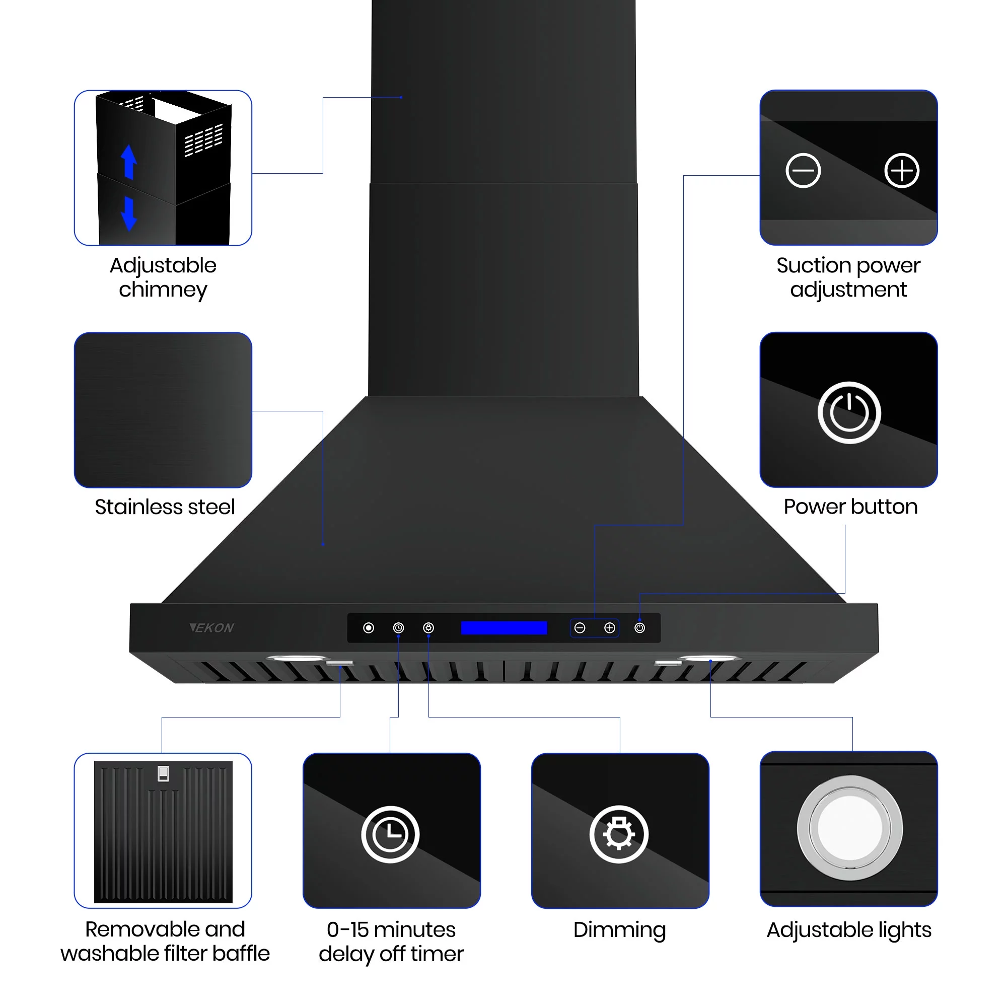 EKON Kitchen Expert 30 inch 900 CFM Convertible Black Stainless Steel Wall Mount Range Hood