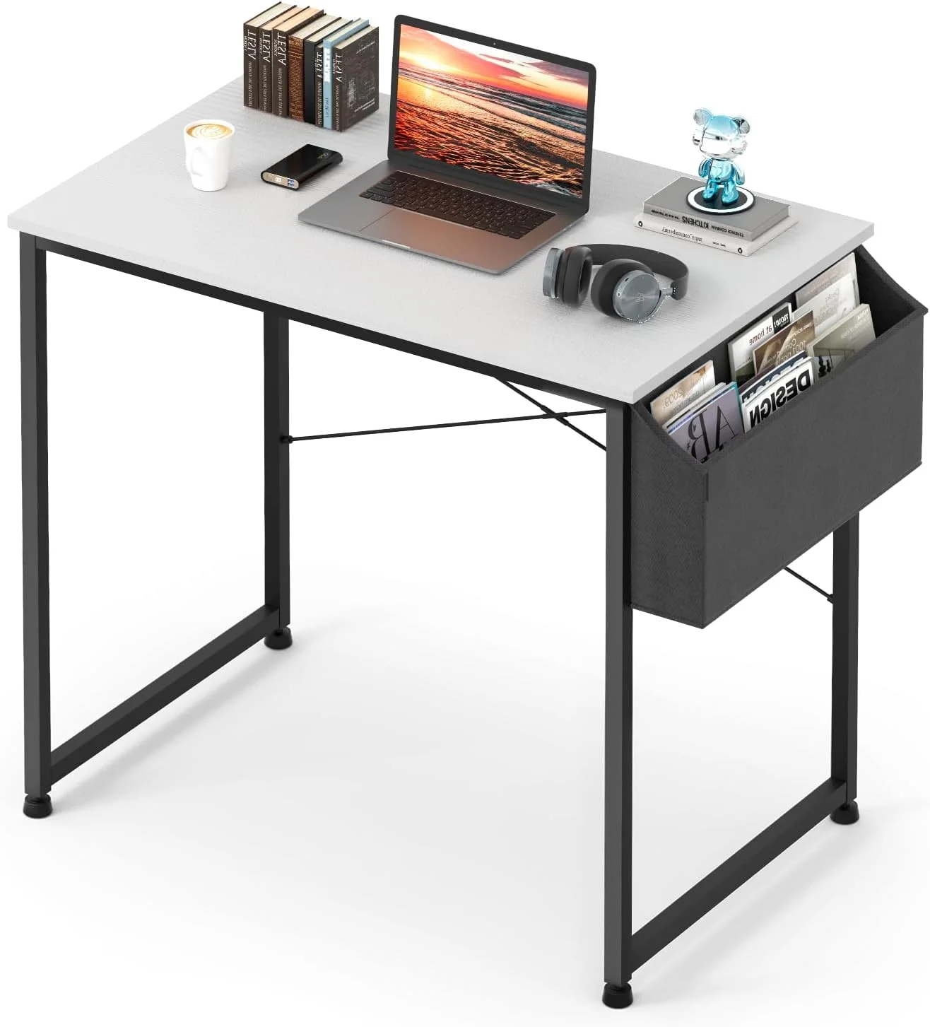 Simple Computer Desk Modern Study Student Writing Table With Storage Bag For Home Office Bedroom Gaming Desk, White