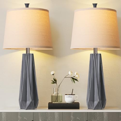 WIHTU 3 Color Temperature Table Lamps Set of 2, Beside Lamp with Linen Shade, 27'' Wood Grain Color Modern Table Lamp for Living Room, Resin Desk Lamp for Nightstands Bedroom Decor (2 Bulbs Included)