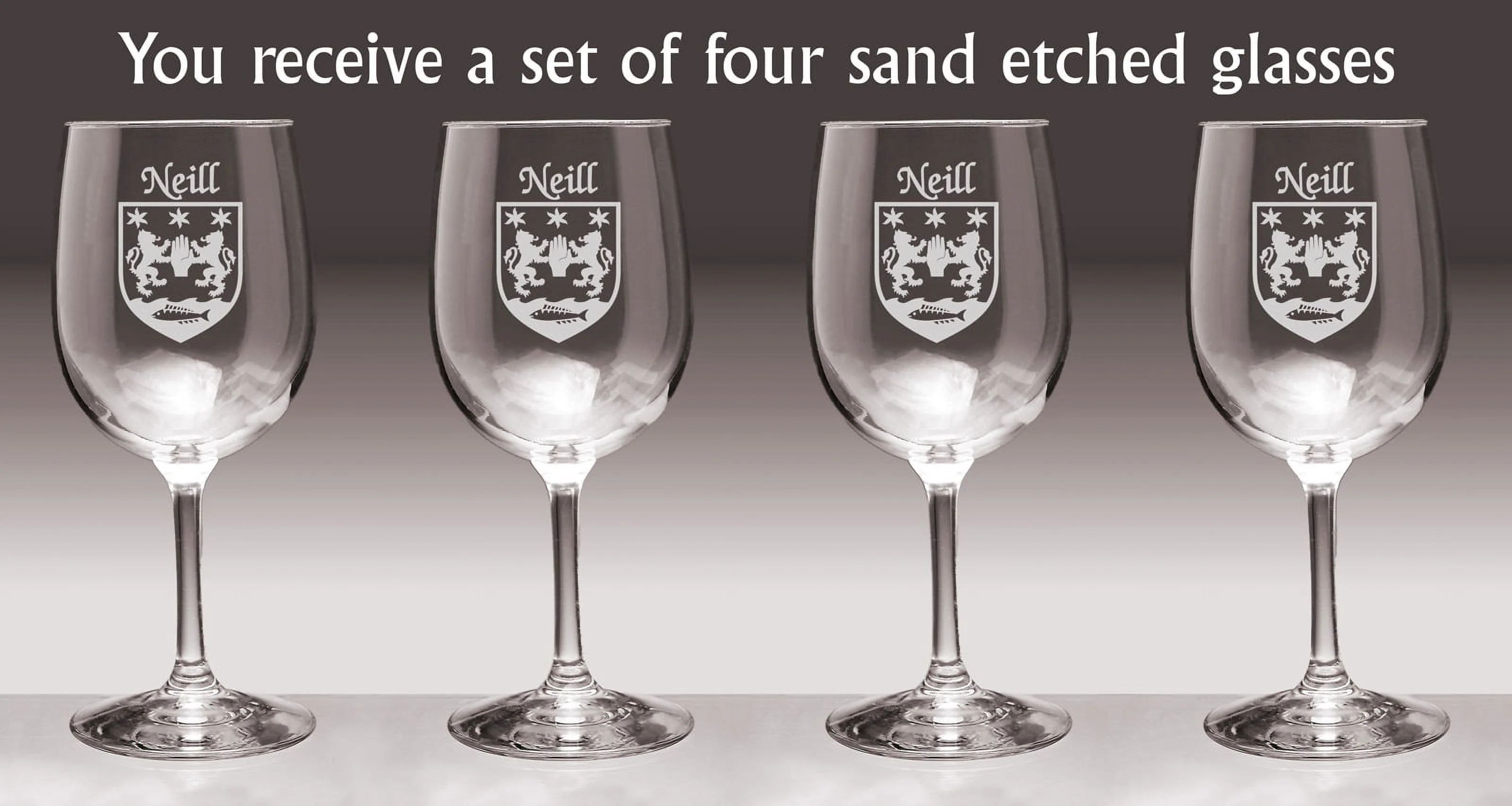 Neill Irish Coat of Arms Wine Glasses - Set of 4 (Sand Etched)