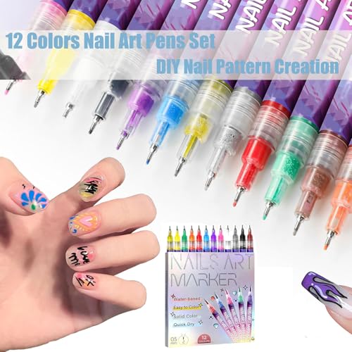 2026 New 12 Colors Nail Art Pens Set for Painting Nails, Upgrade DIY Nail Art Marker Drawing Painting Liner Pen for Gel Nails Kids and Adults (#1 Set)