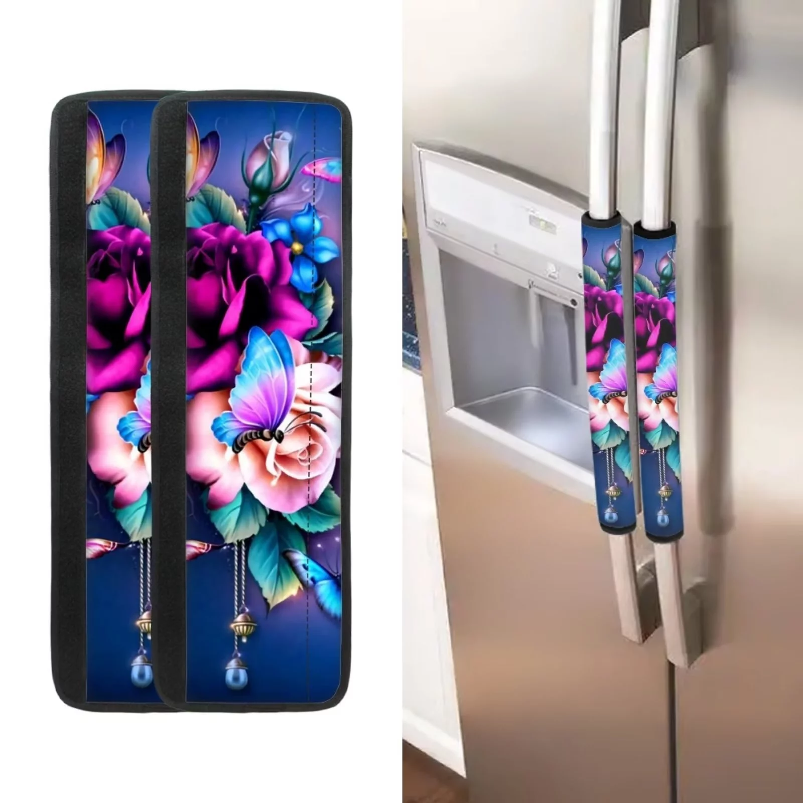 Kuiaobaty Refrigerator Door Handle Cover for Kitchen Decor Colorful Flowers Butterfly Appliance Handle Decorative Cover 4 Packs Anti Dirty Fridge Oven Dishwasher Handle Sleeves
