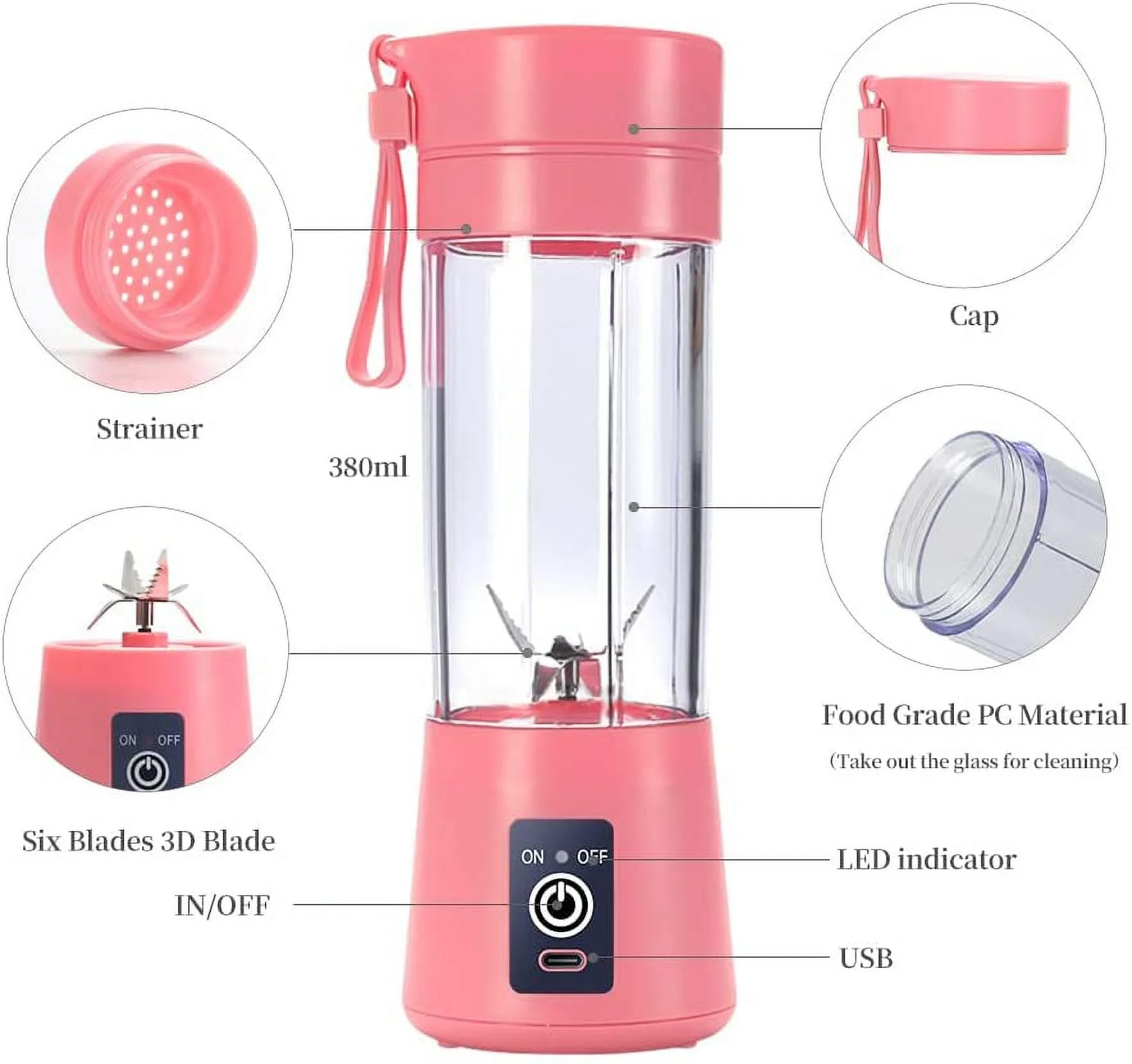 Portable Blender USB Rechargeable Juicer Cup with Six Blades Smoothies Mixer Fruit Machine 380ml Water Bottle for Sports Travel Outdoors