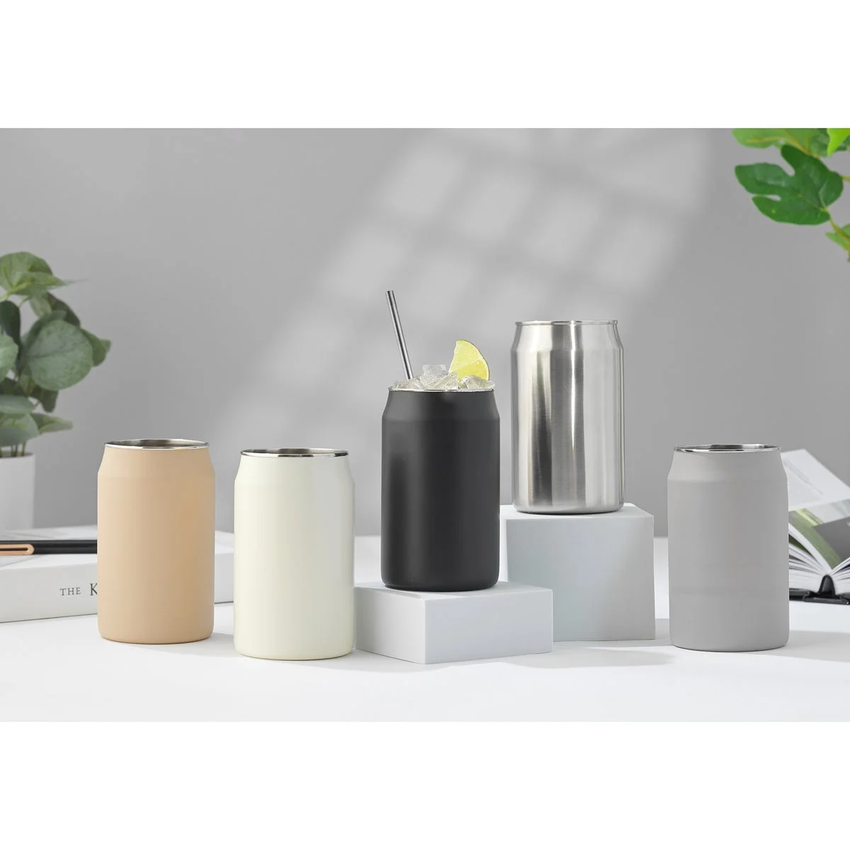 Stainless Steel Can Drinking Tumblers with 6 Straws & Brush- 16 oz - Black