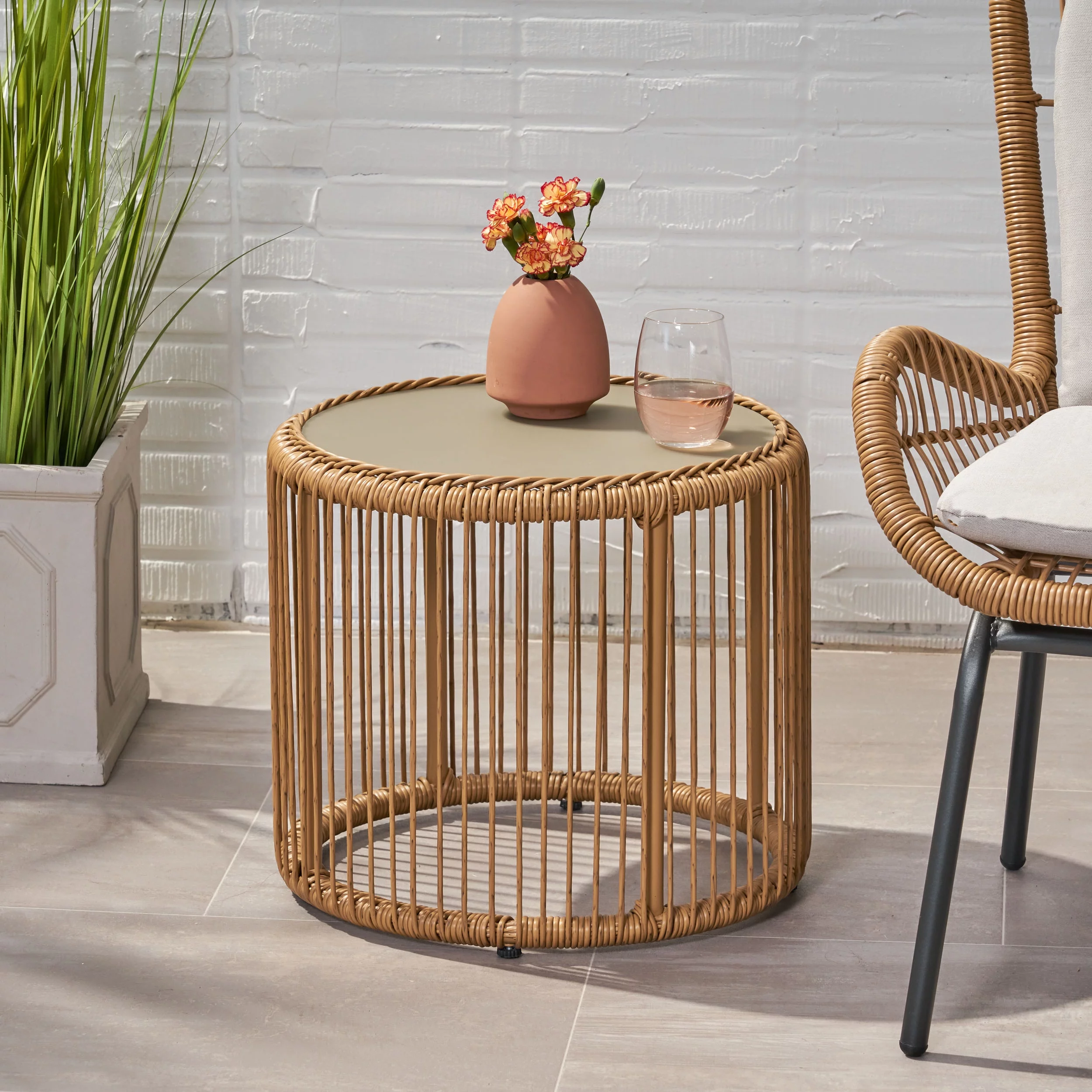 Noble House Pabrico Outdoor Tempered Glass Top Wicker Side Table in Light Brown