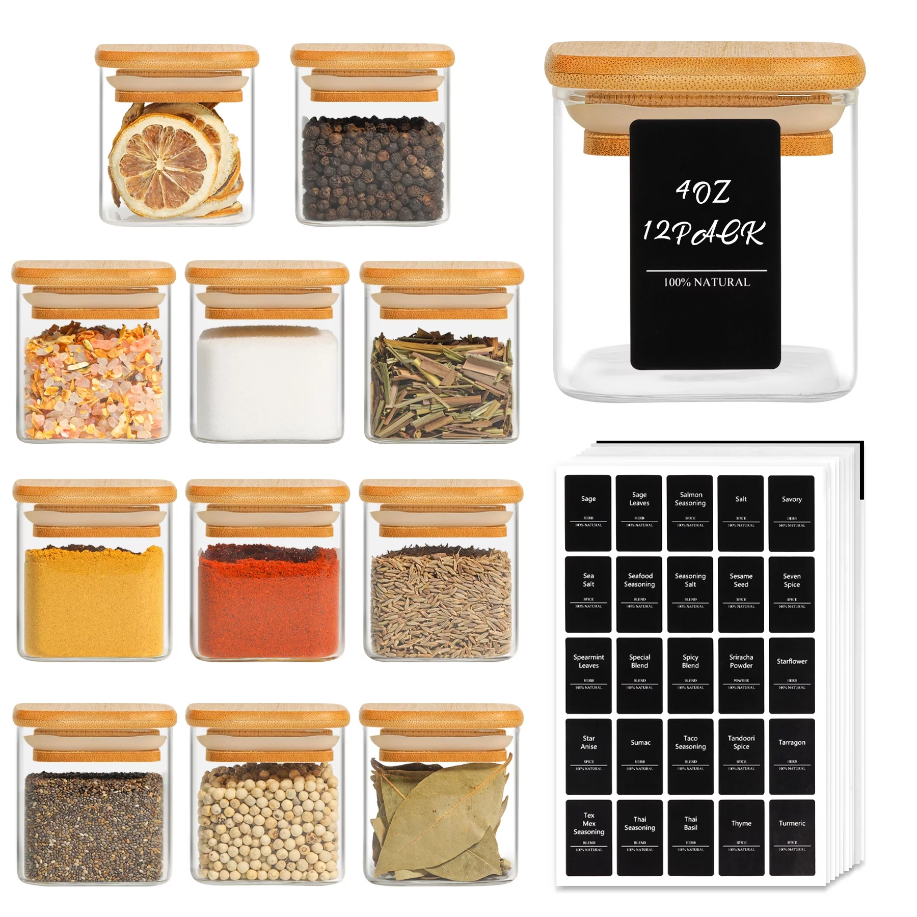 ComSaf Glass Spice Jars with Bamboo Lids, Clear Containers, 4 oz, Set of 12
